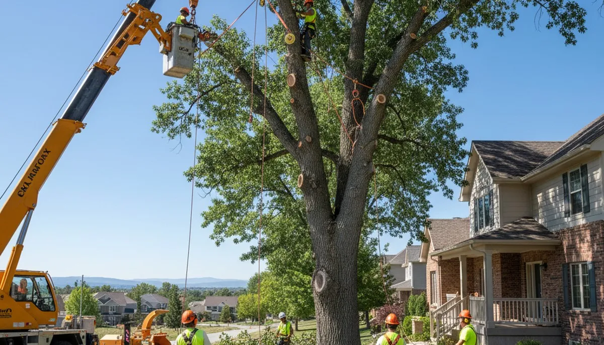 Arborists using bucket truck for large tree removal at residential property in Thornton, CO