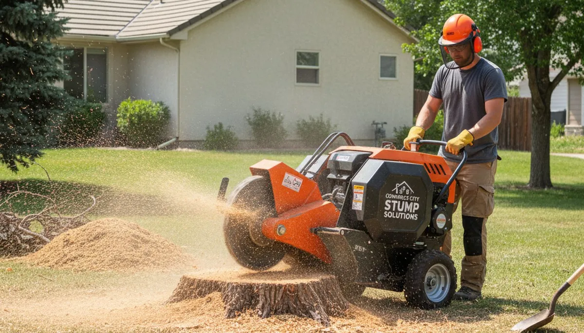 Professional stump grinding removing tree stumps in Commerce City, CO yard by Thornton tree service experts