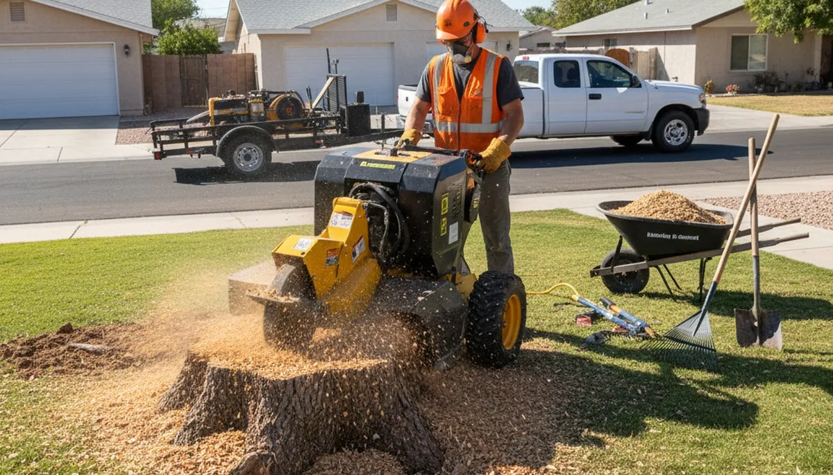 Professional stump grinding service removing tree stumps in Henderson, CO yard near Thornton tree experts