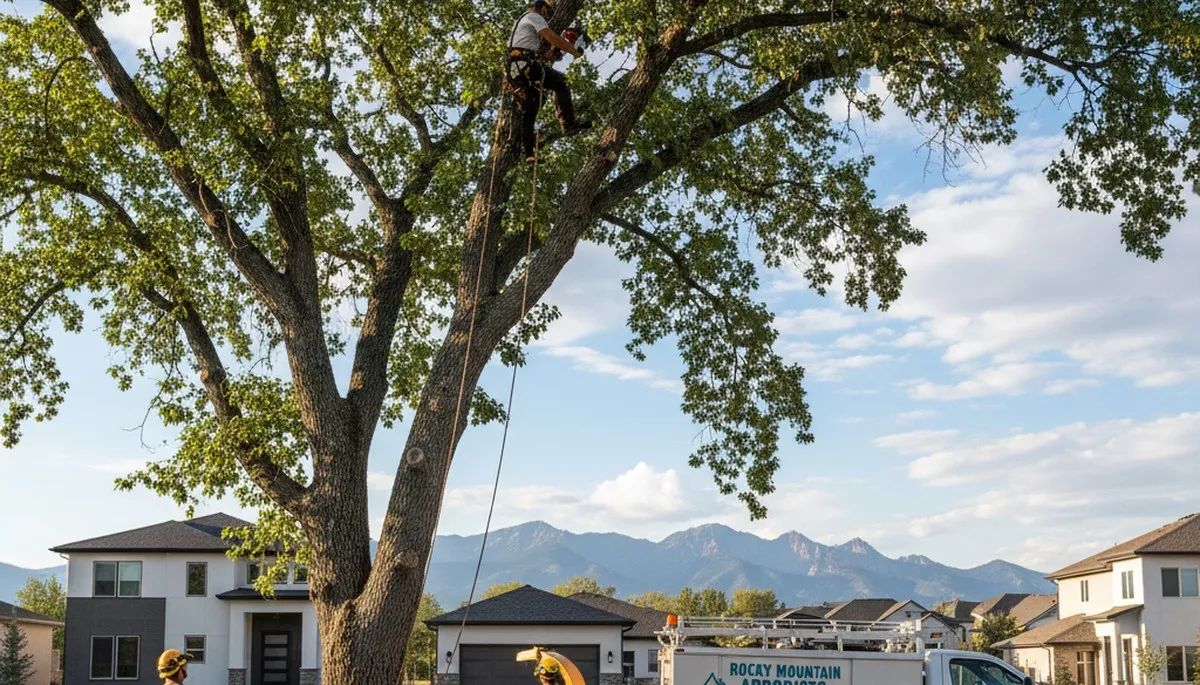 Professional tree removal service in Thornton, CO safely clearing large trees from residential yard