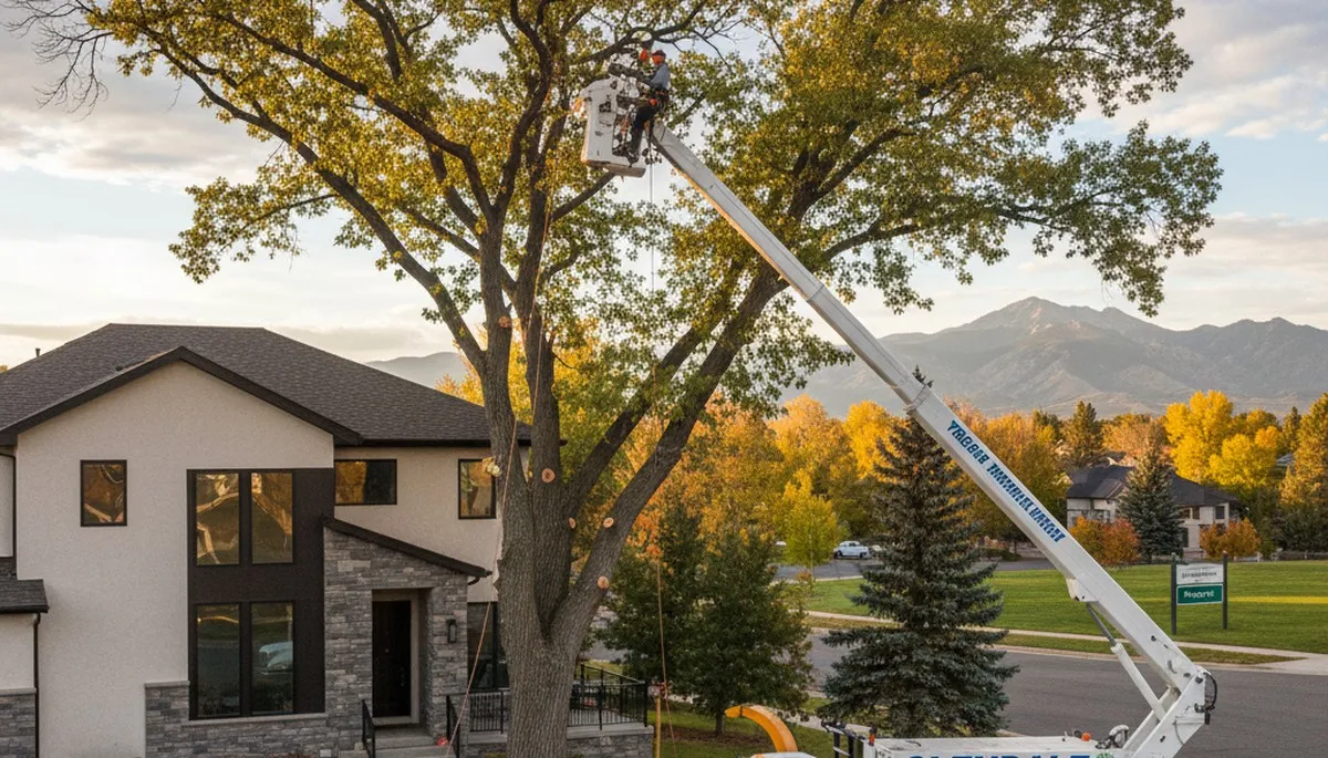Professional tree removal service in Thornton, CO safely clearing large oak trees