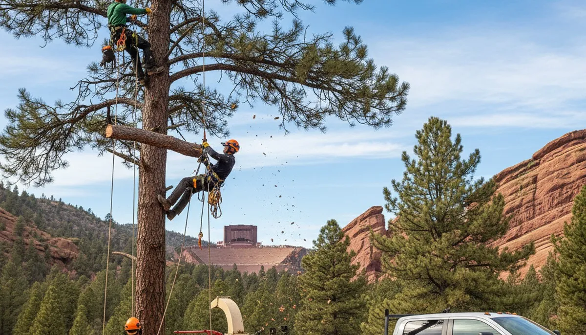 Professional tree removal service in Thornton, CO safely clearing large tree near home